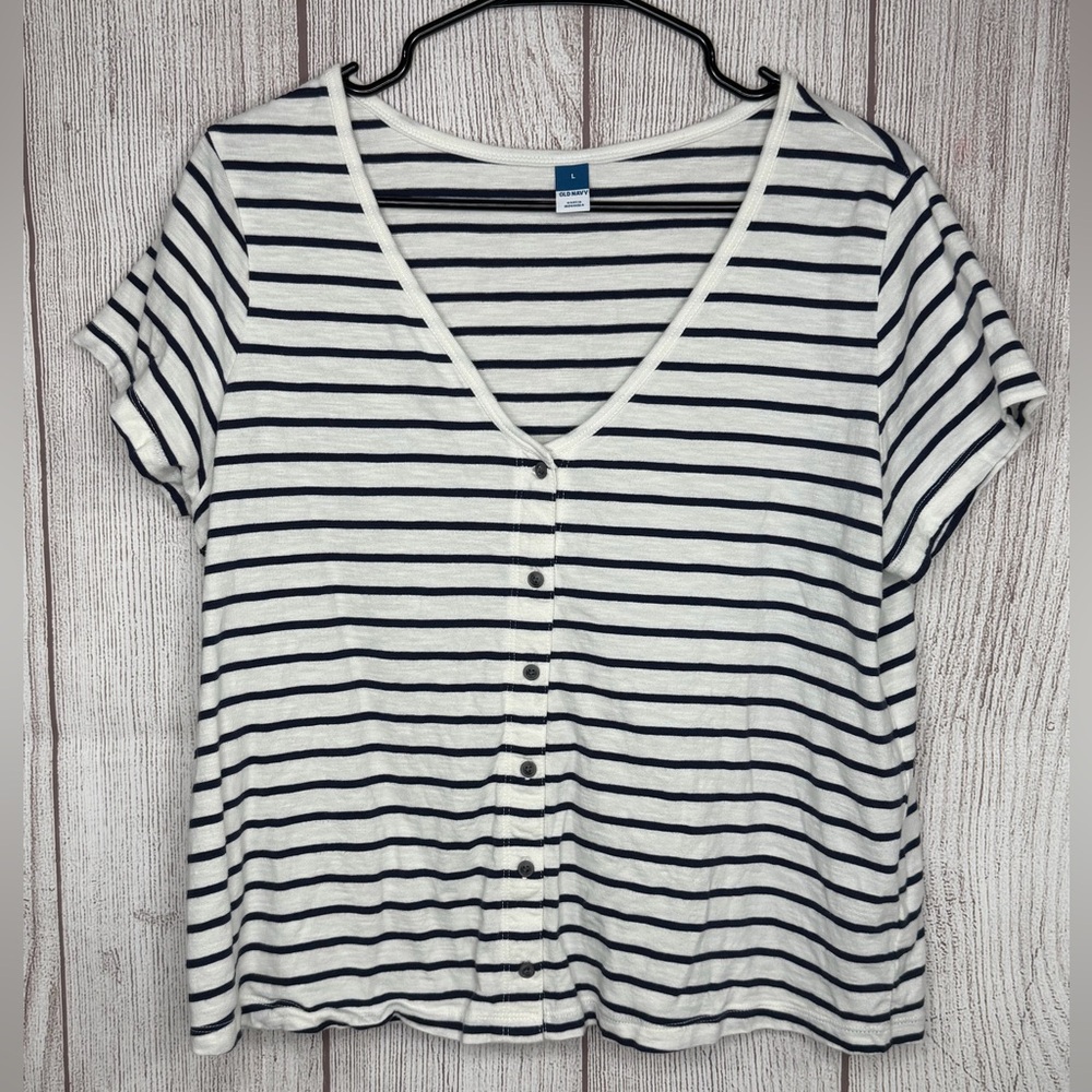 Old Navy Navy and White Striped Button-Down Shirt